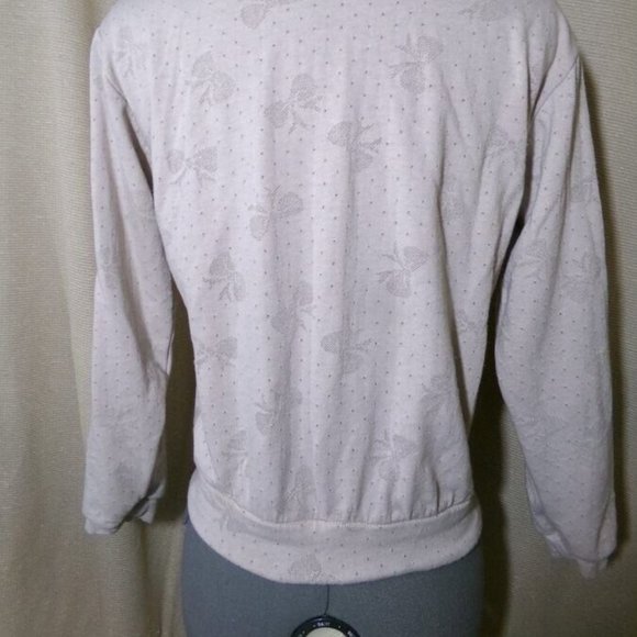 Bows print Layered Sweatshirt Top XS Beige Turtleneck Loose fit Lined top LS - Picture 9 of 11